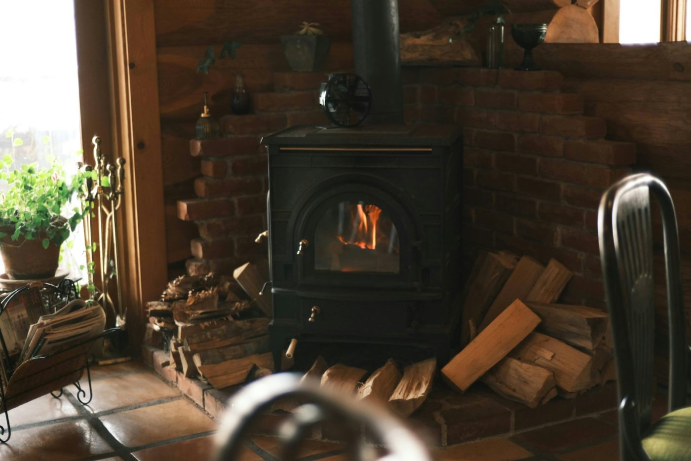 a wood burning stove in a living room